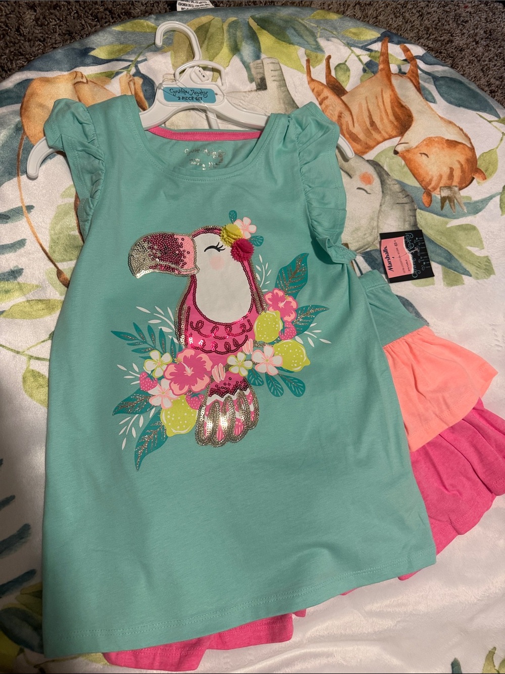 Cynthia Rowley Turquoise Toucan Ruffle Sleeve Tank with Pink & Yellow Accents